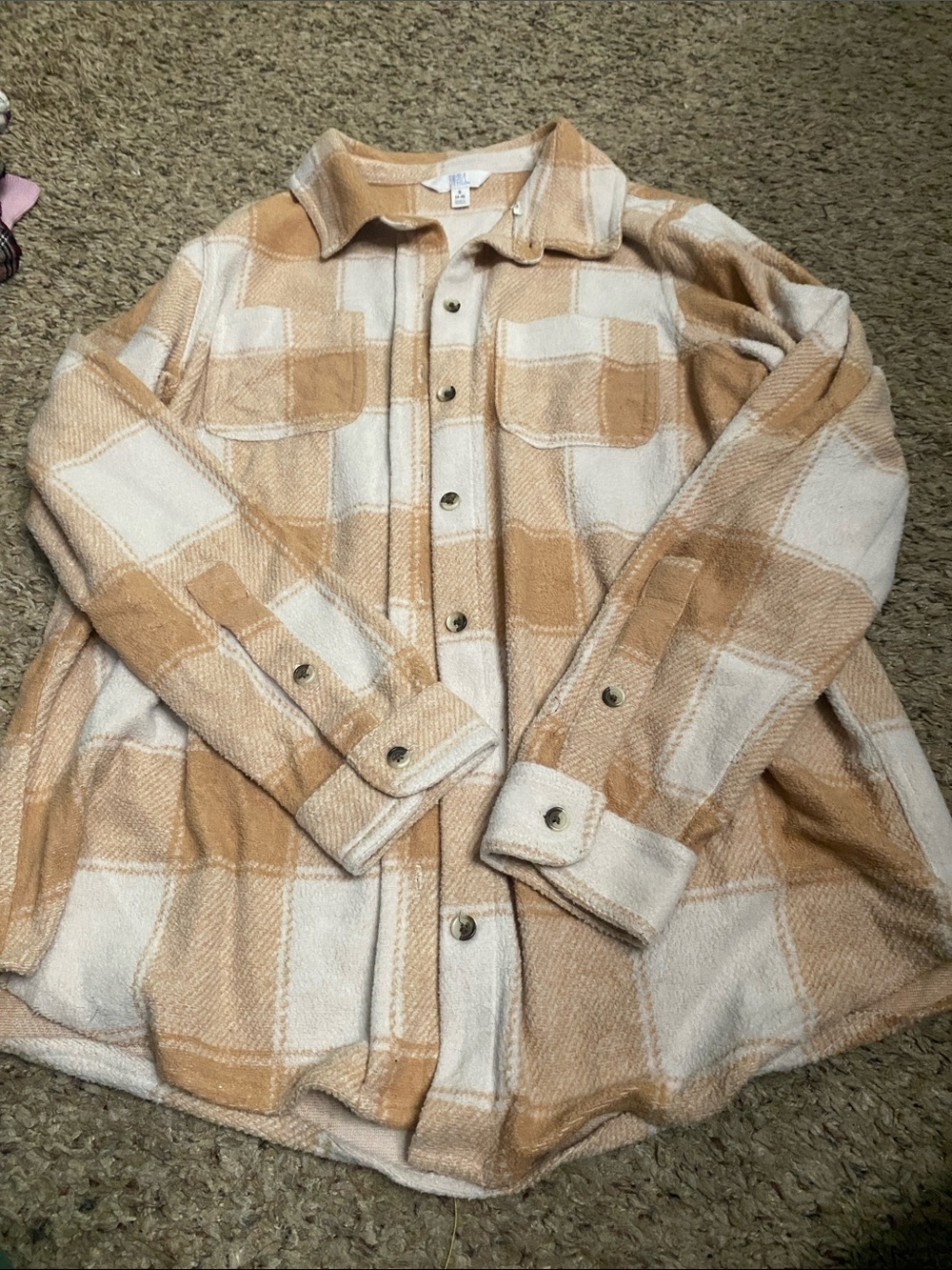 Time and Tru Cream and Tan Plaid Button-Front Shirt Jacket